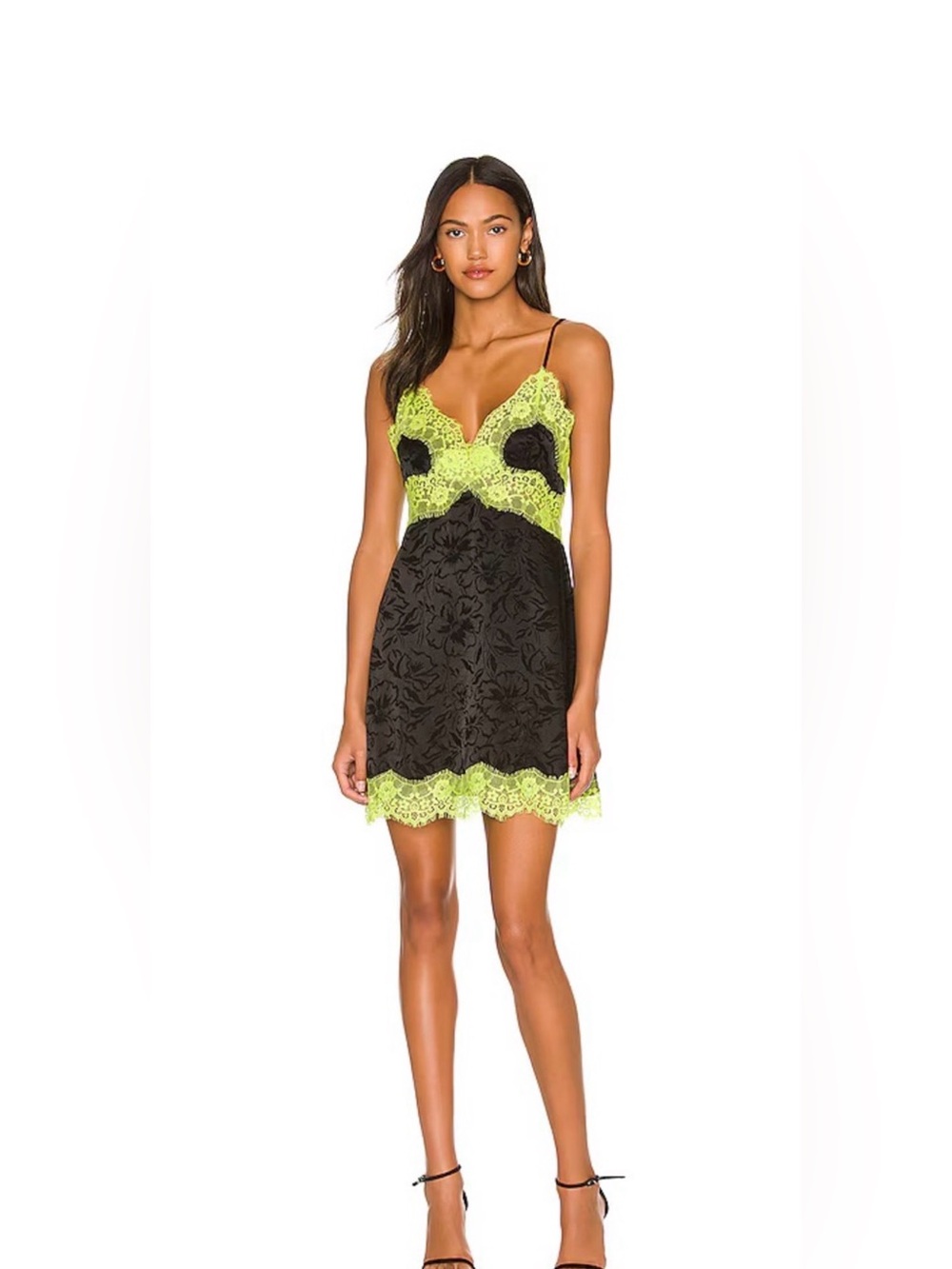 Alice + Olivia Zaira Lace Trim Mini Dress – Black / Lime Punch - Picture 4 of 8